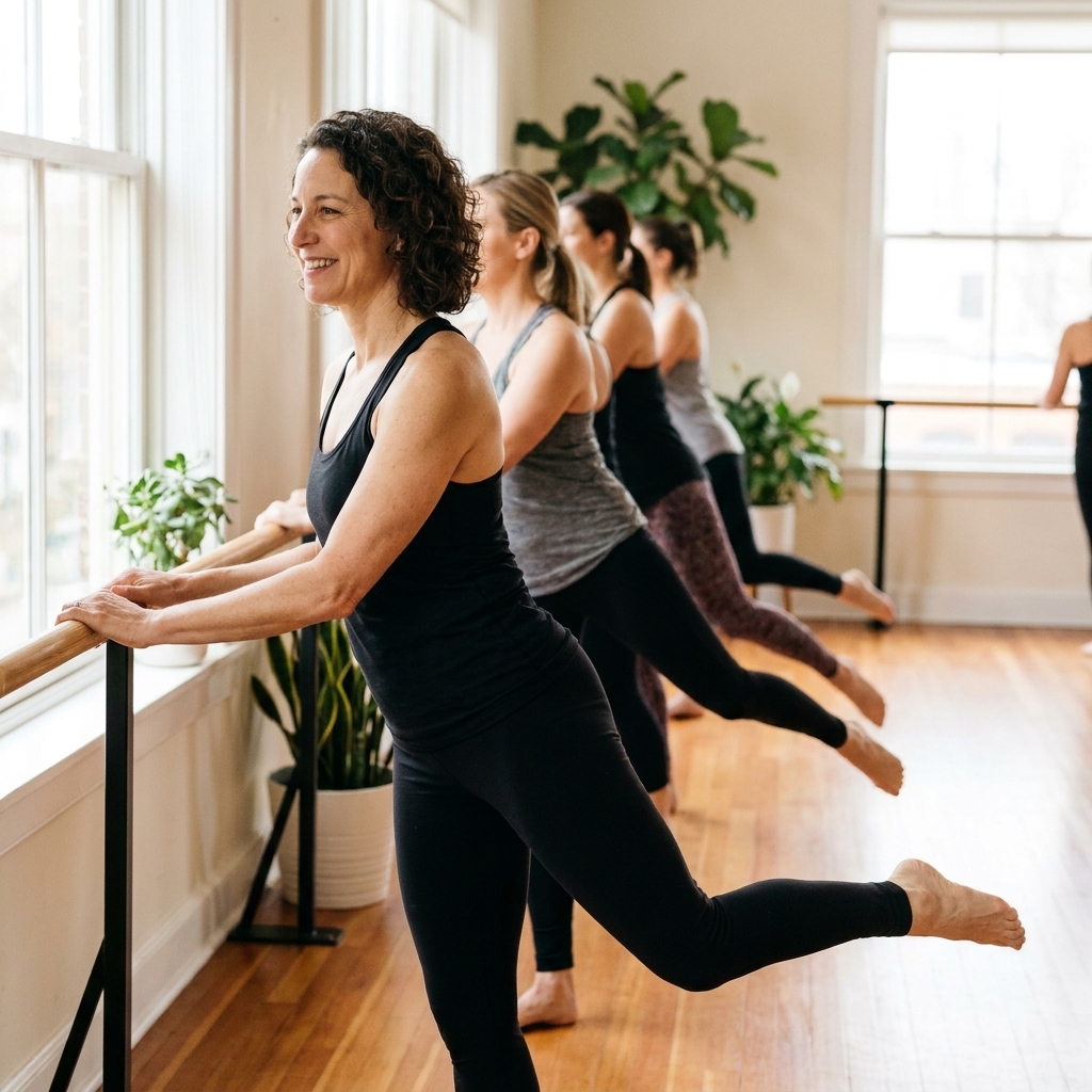 A barre fitness class with participants holding the barre while doing small leg lifts in a bright space