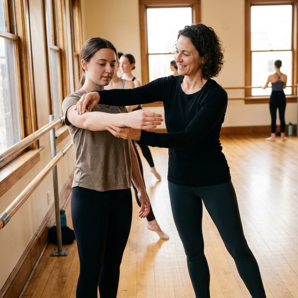 A barre instructor demonstrating form to a beginner holding the barre