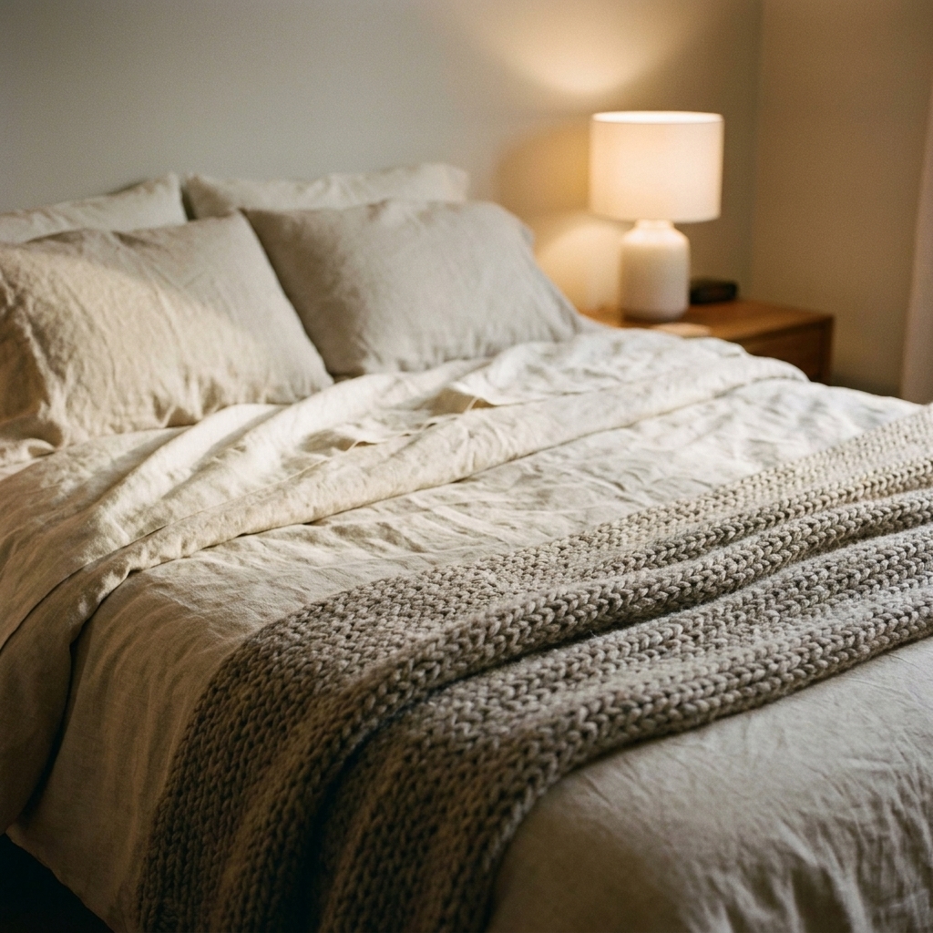 A bed made with neutral linen sheets and a textured throw blanket, softly lit by a bedside lamp