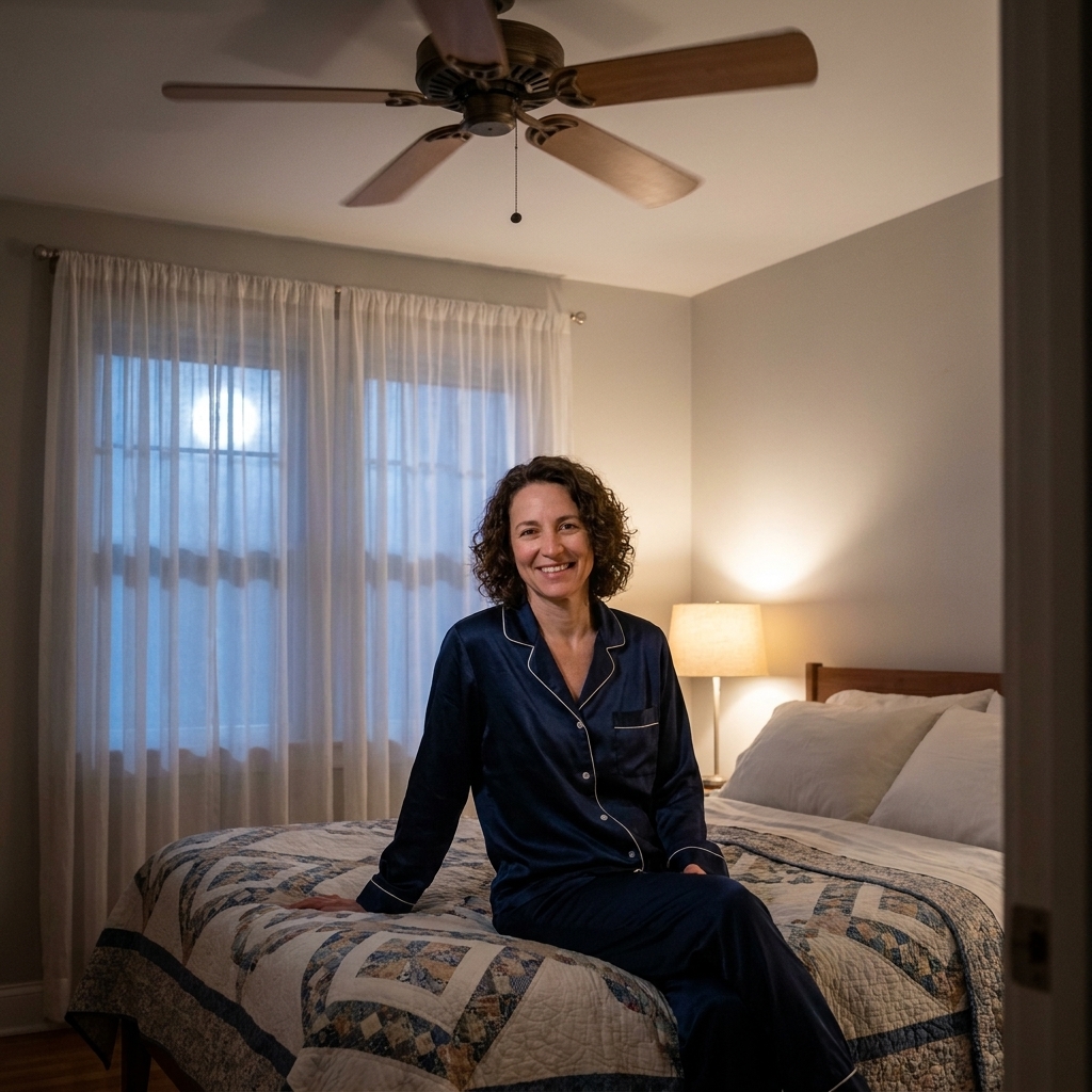 A bedroom at night with a ceiling fan running gently above a neatly made bed and light curtains