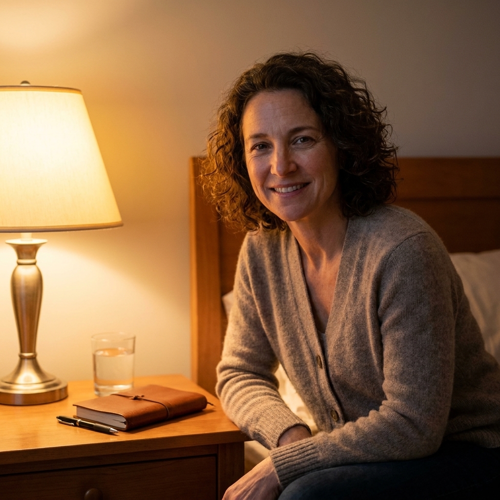 A bedside table with a small journal, a pen, and a warm lamp glowing beside a glass of water