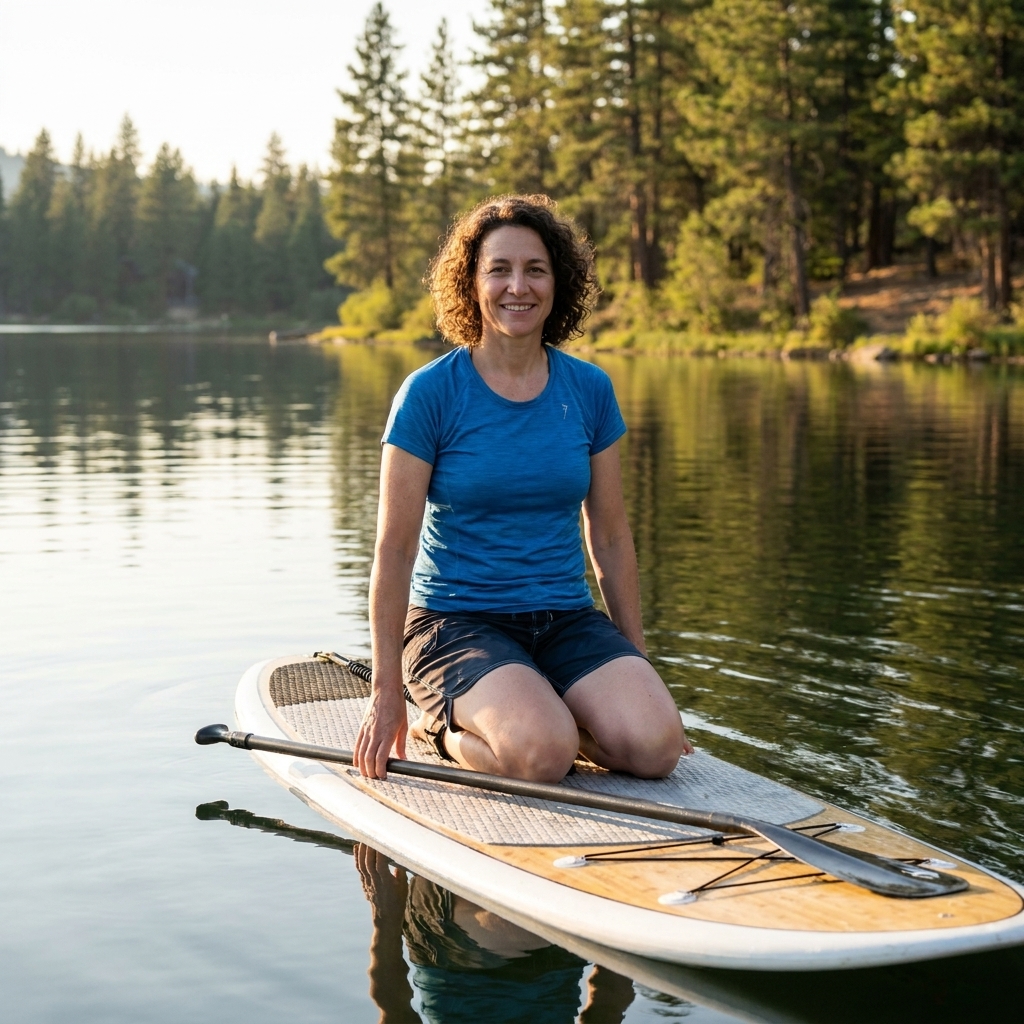 A beginner paddleboarder kneeling on a stand up paddleboard on a calm lake with a paddle resting across the board