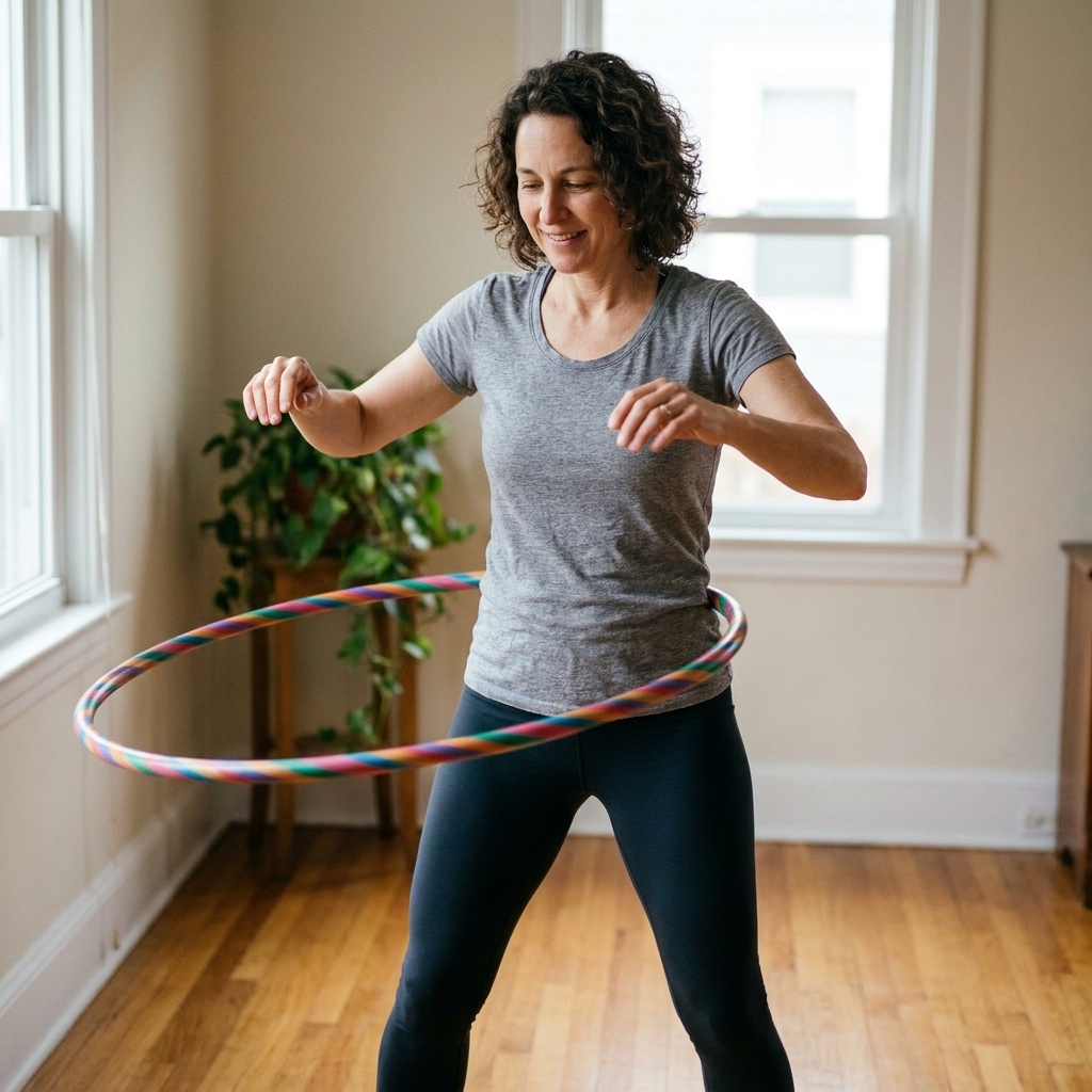 A beginner practicing waist hooping in a simple open space at home, focusing on a relaxed stance with soft knees and a steady posture