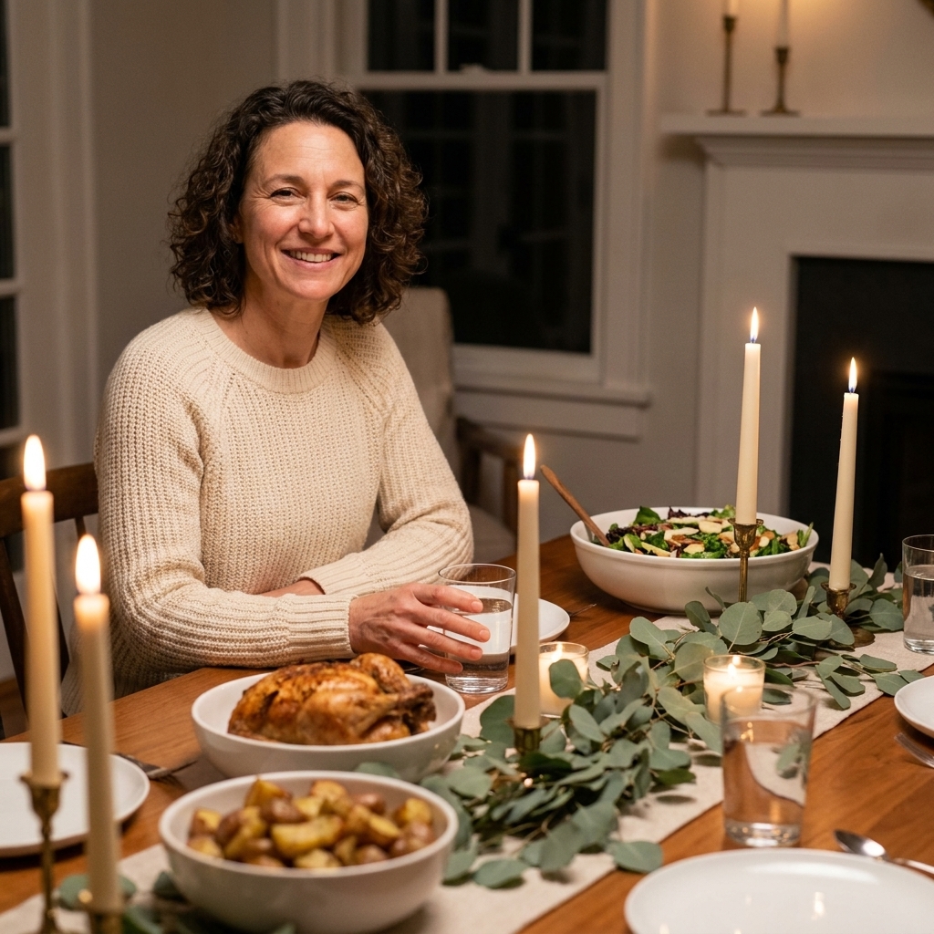 A calm candlelit dinner table with a simple greenery centerpiece, water glasses, and a family-style meal ready to be served