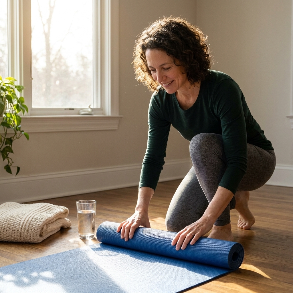 A calm morning scene with a person rolling out a yoga mat on a wooden floor near a window, with a water glass and a folded blanket nearby