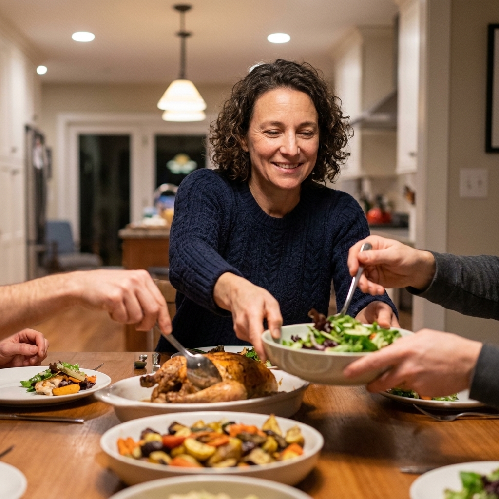 A casual dinner table with shared dishes and hands reaching to serve food, warm indoor lighting