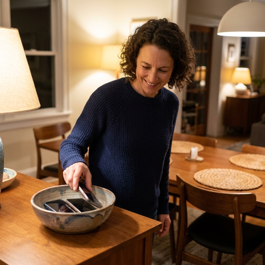 A ceramic bowl on a sideboard near a dining table holding a few smartphones, with the dining area softly lit and screen-free