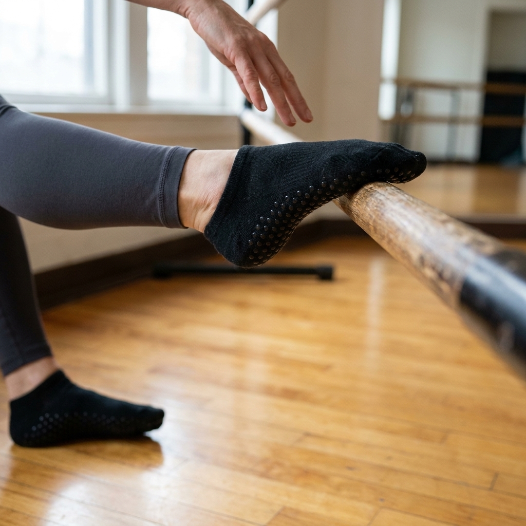 A close view of a person wearing grip socks near a ballet barre on a wooden floor