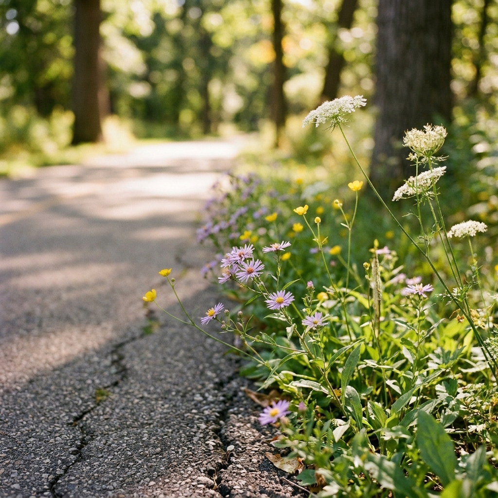 A close view of small wildflowers growing along the edge of a paved park trail on a sunny day, with trees softly blurred in the background