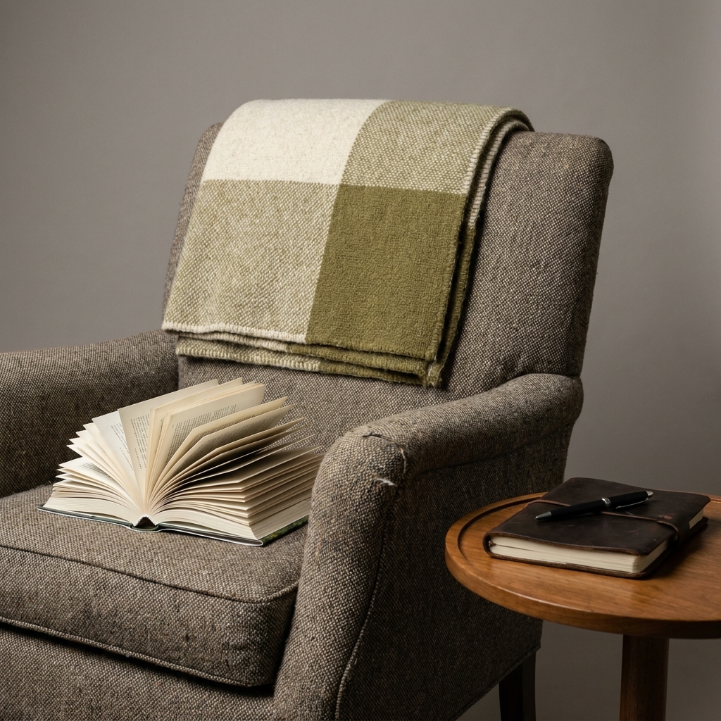 A cozy armchair with a folded throw blanket, a paperback book open on the seat, and a journal with a pen on a small side table