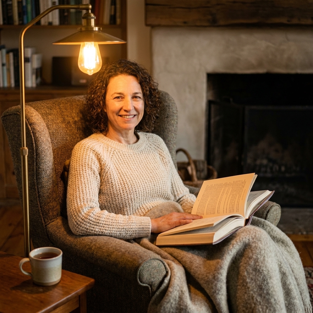 A cozy armchair with a warm reading lamp and an open book resting on a soft blanket.