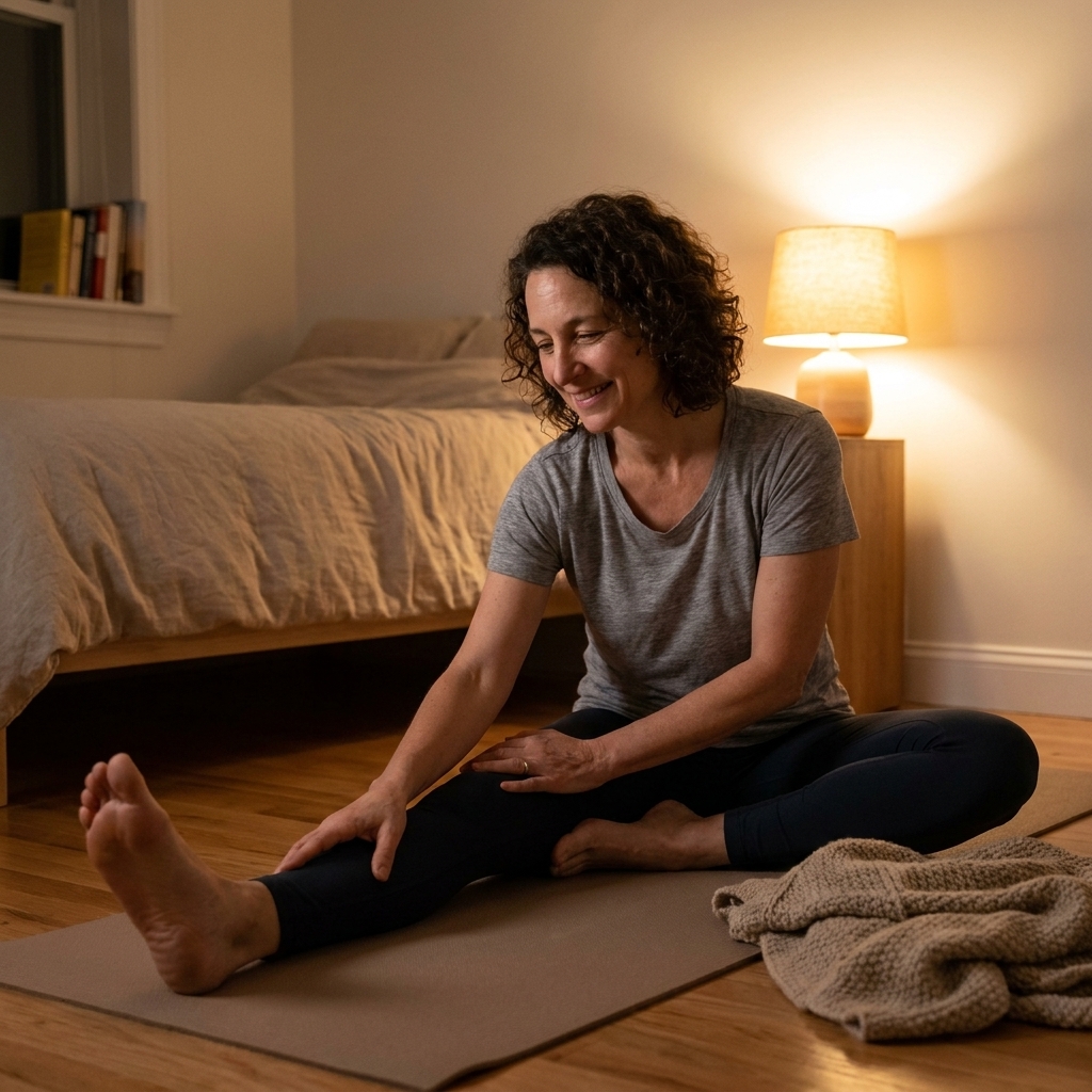 A cozy bedroom at night with a warm bedside lamp, a folded blanket on the floor, and a calm, uncluttered space ready for stretching