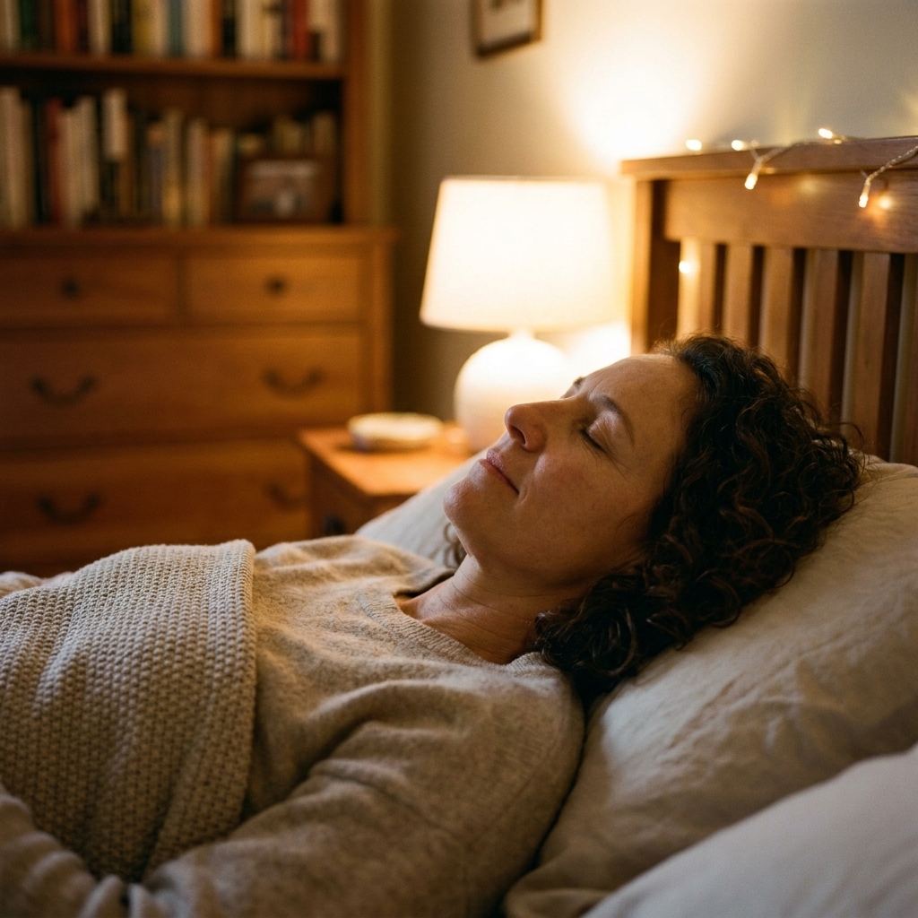 A cozy bedroom scene with a person lying under a light blanket, eyes closed, breathing slowly in warm ambient light
