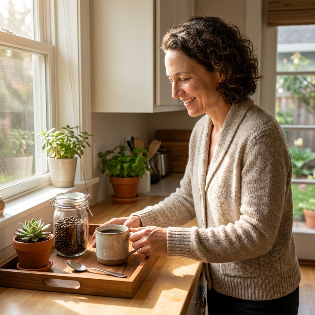 A cozy coffee corner on a small kitchen counter with a tray holding a mug, a jar of coffee, a spoon, and a small plant in soft morning light