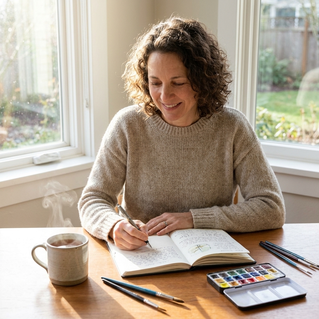 A cozy home desk setup with a journal, a cup of tea, watercolor paints, and soft morning light coming through a window.