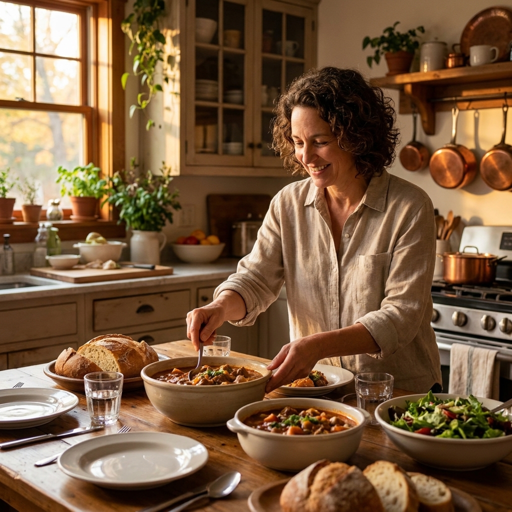 A cozy kitchen scene with a family-style meal on the table, serving bowls and plates ready to share, warm evening light
