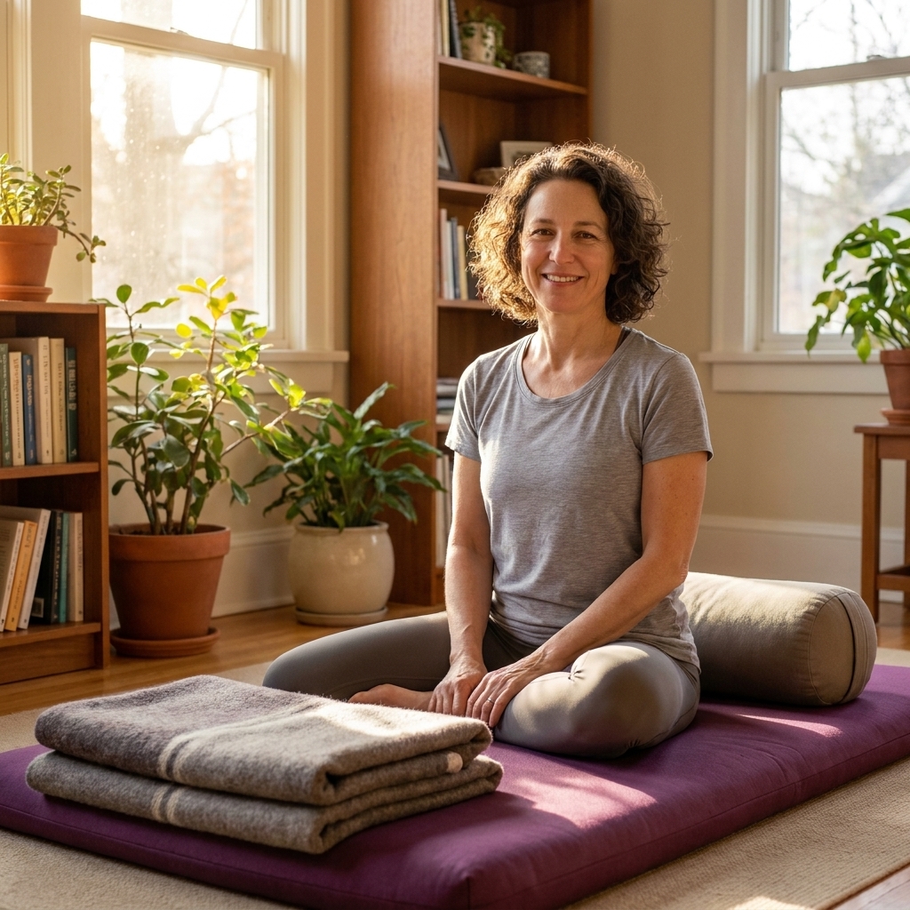 A cozy living room setup with a yoga mat, folded blankets, and a bolster arranged neatly beside a window with afternoon light