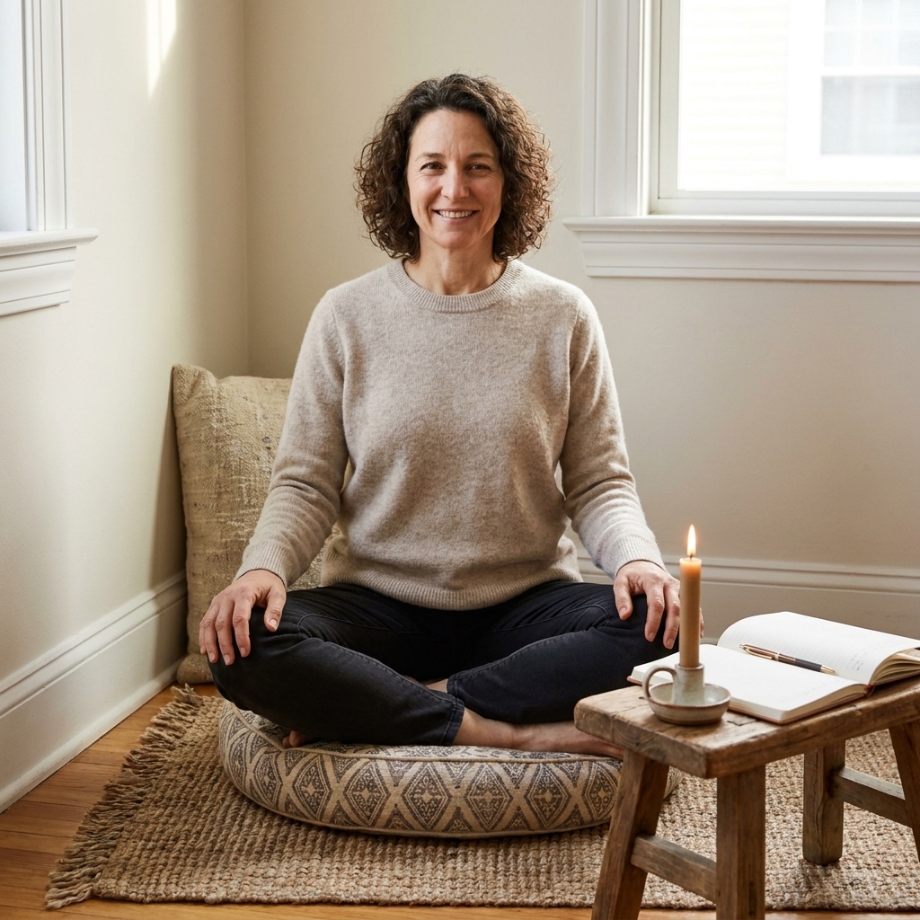 A cozy meditation nook with a small woven rug, a round floor cushion, and a low wooden stool holding a candle and a journal