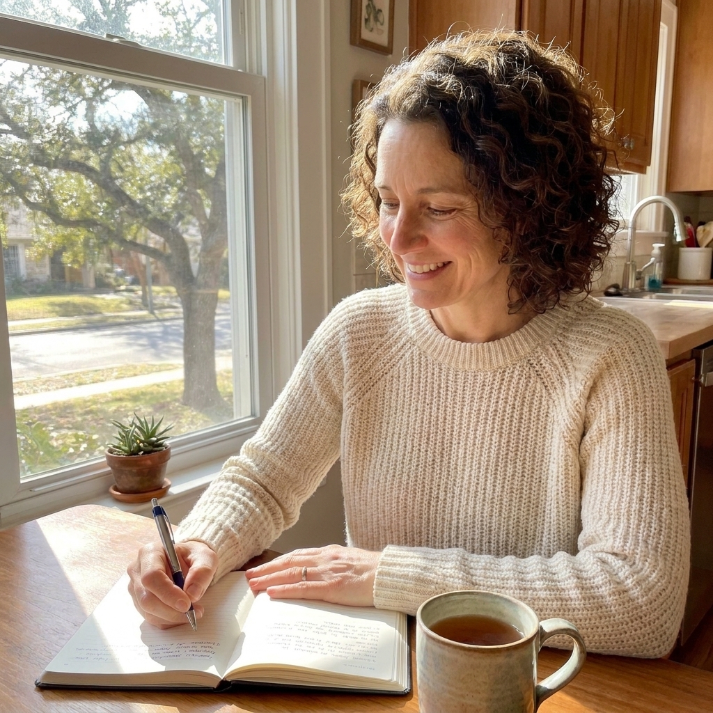 A cozy morning journaling setup with an open notebook, pen, and a warm cup of coffee by a bright window in an Austin, Texas home