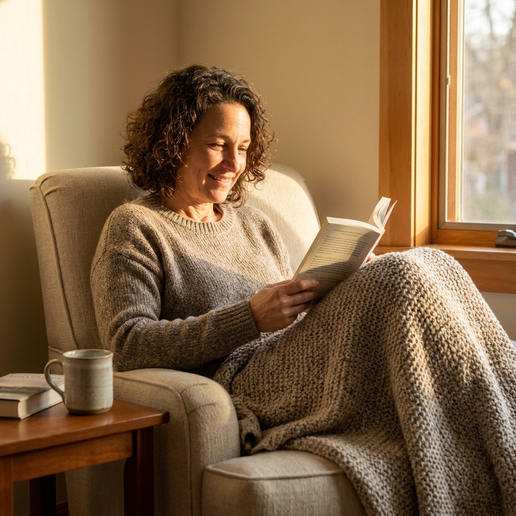 A cozy reading nook with an armchair, a soft blanket, a small side table, and a paperback book in warm afternoon light