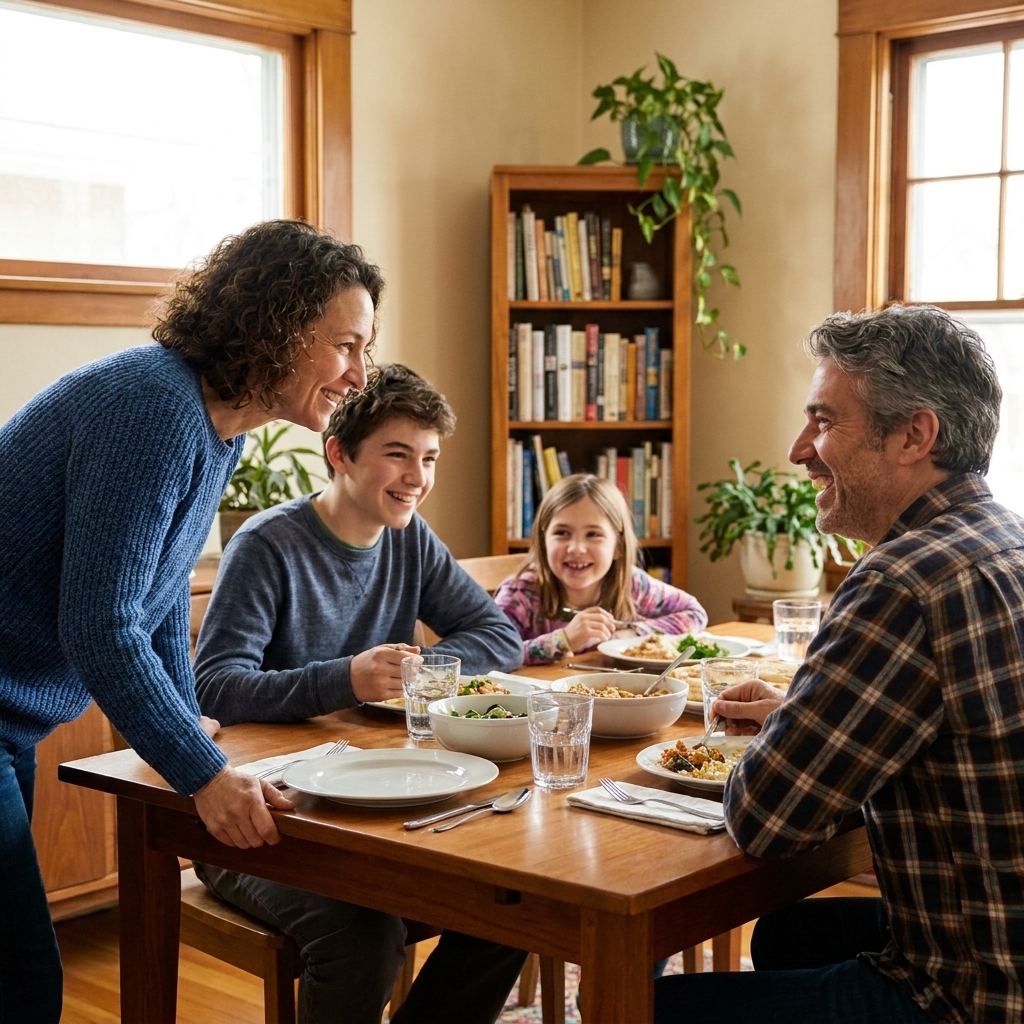 A family sitting around a dining table mid-conversation, leaning in and listening with relaxed body language in a cozy home setting