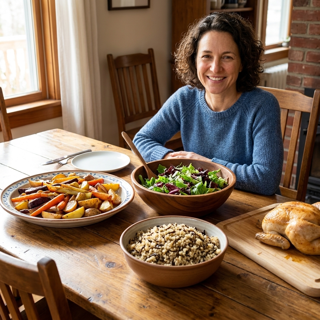 A family-style spread featuring roasted vegetables, a big green salad, a bowl of grains, and a simple protein on a wooden dining table