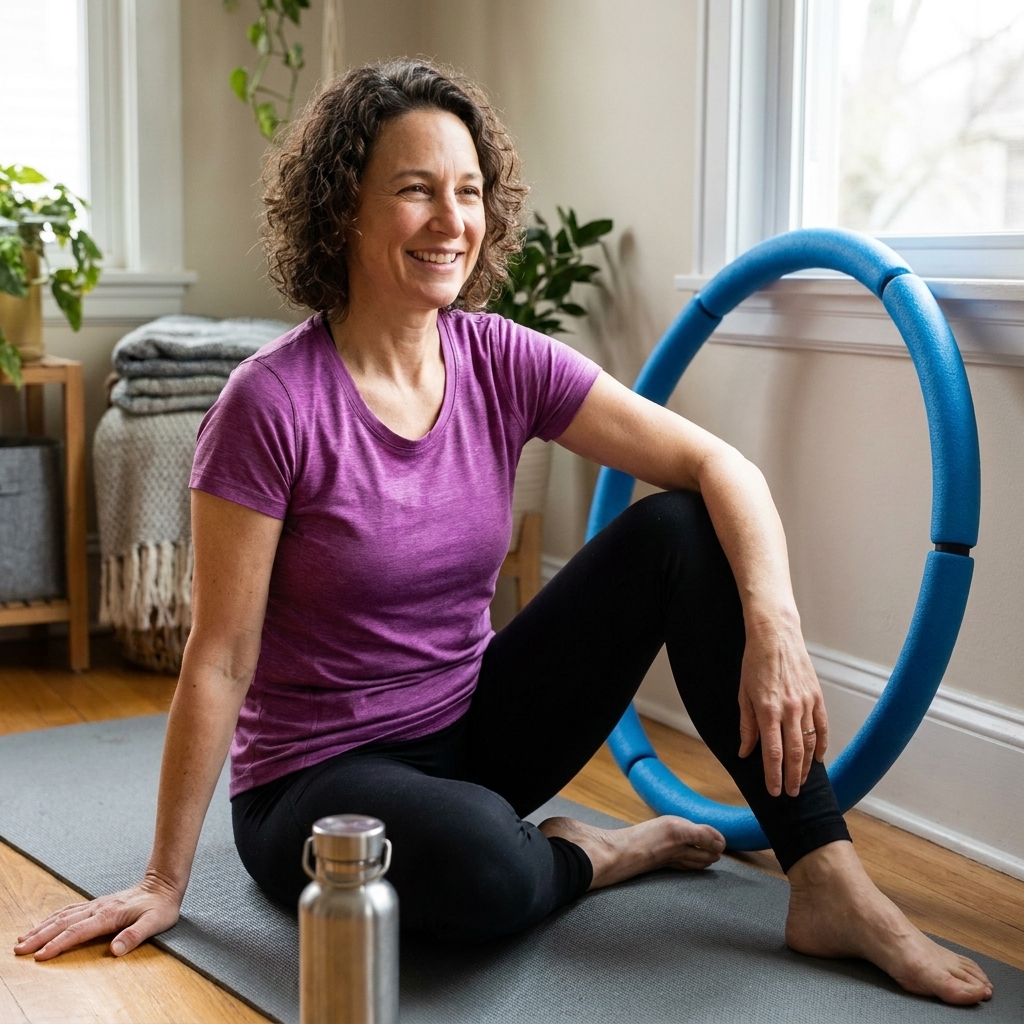 A foam-padded weighted hula hoop resting on a yoga mat in a cozy home workout corner with a water bottle nearby