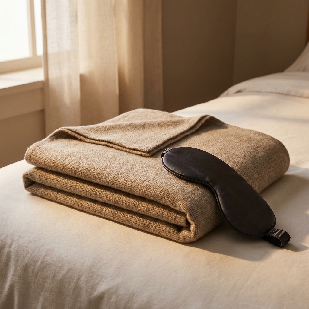 A folded blanket and a soft eye mask placed on a neatly made bed in a calm bedroom with warm ambient light
