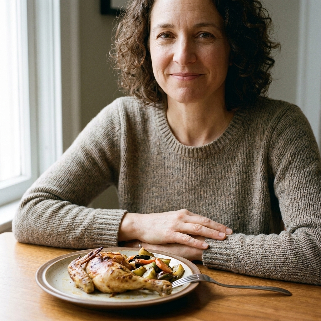 A fork resting on a plate beside a simple meal while a person pauses with relaxed hands, showing a break between bites
