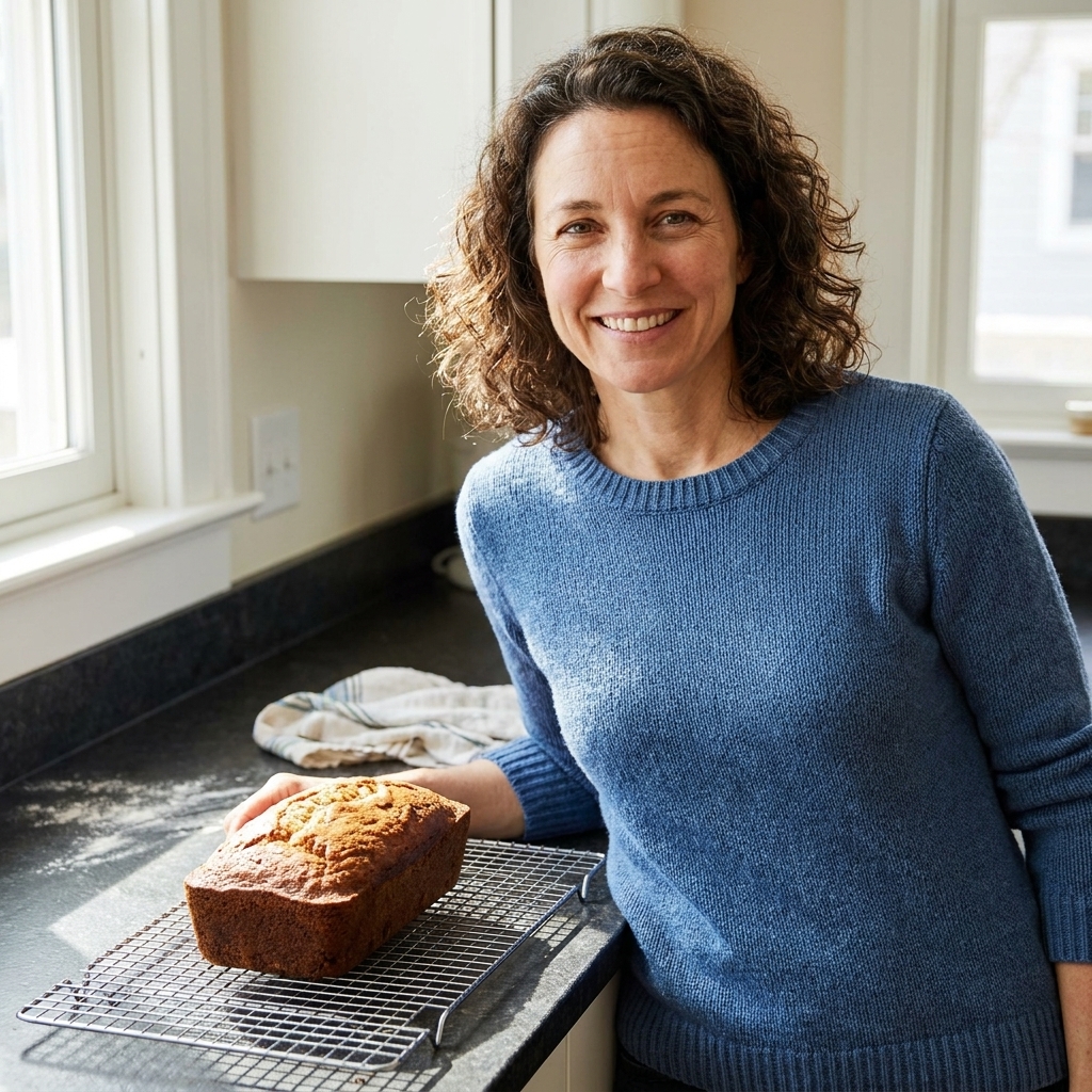 A freshly baked banana bread loaf cooling on a wire rack in a bright home kitchen.