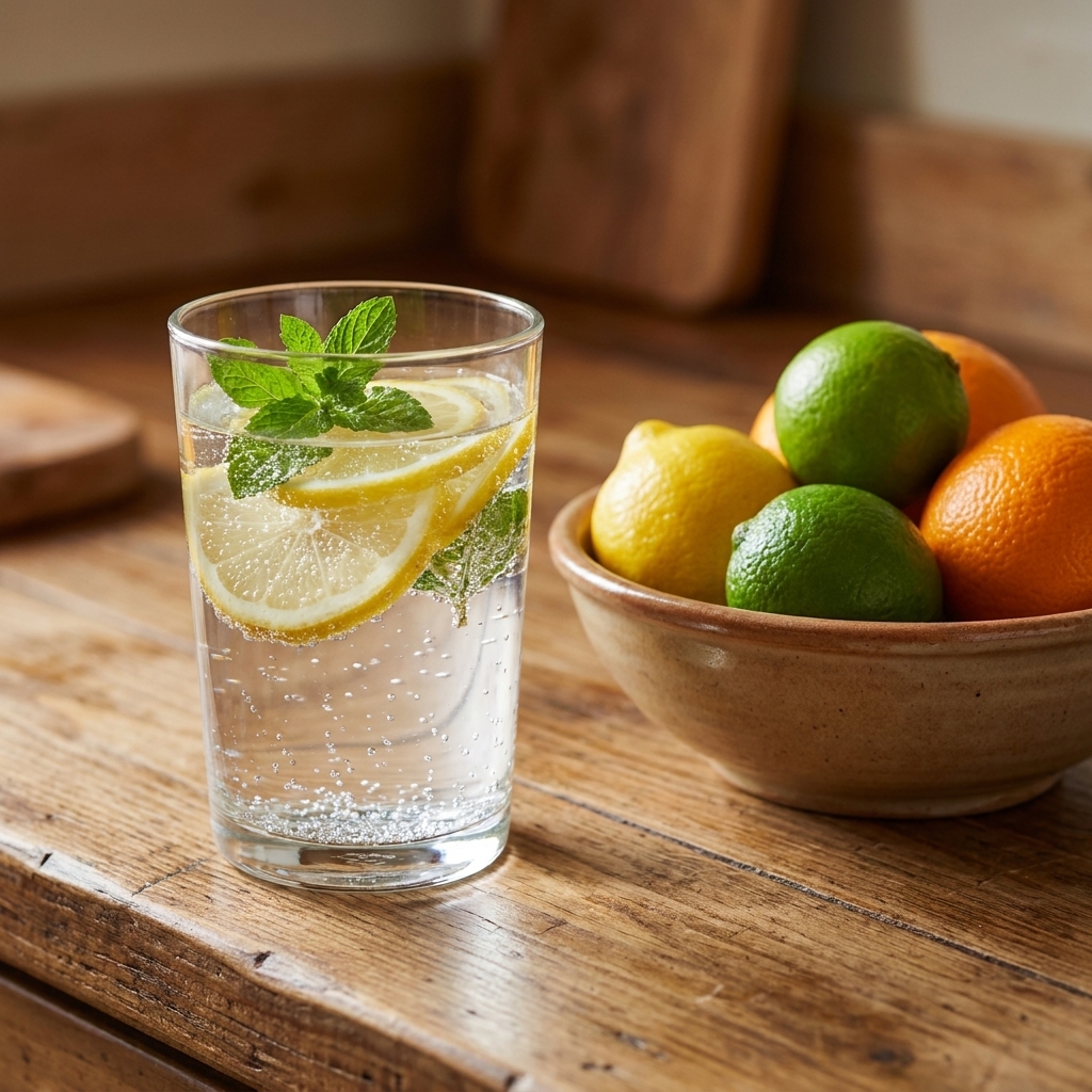 A glass of sparkling water with lemon slices and fresh mint on a countertop, next to a small bowl of citrus