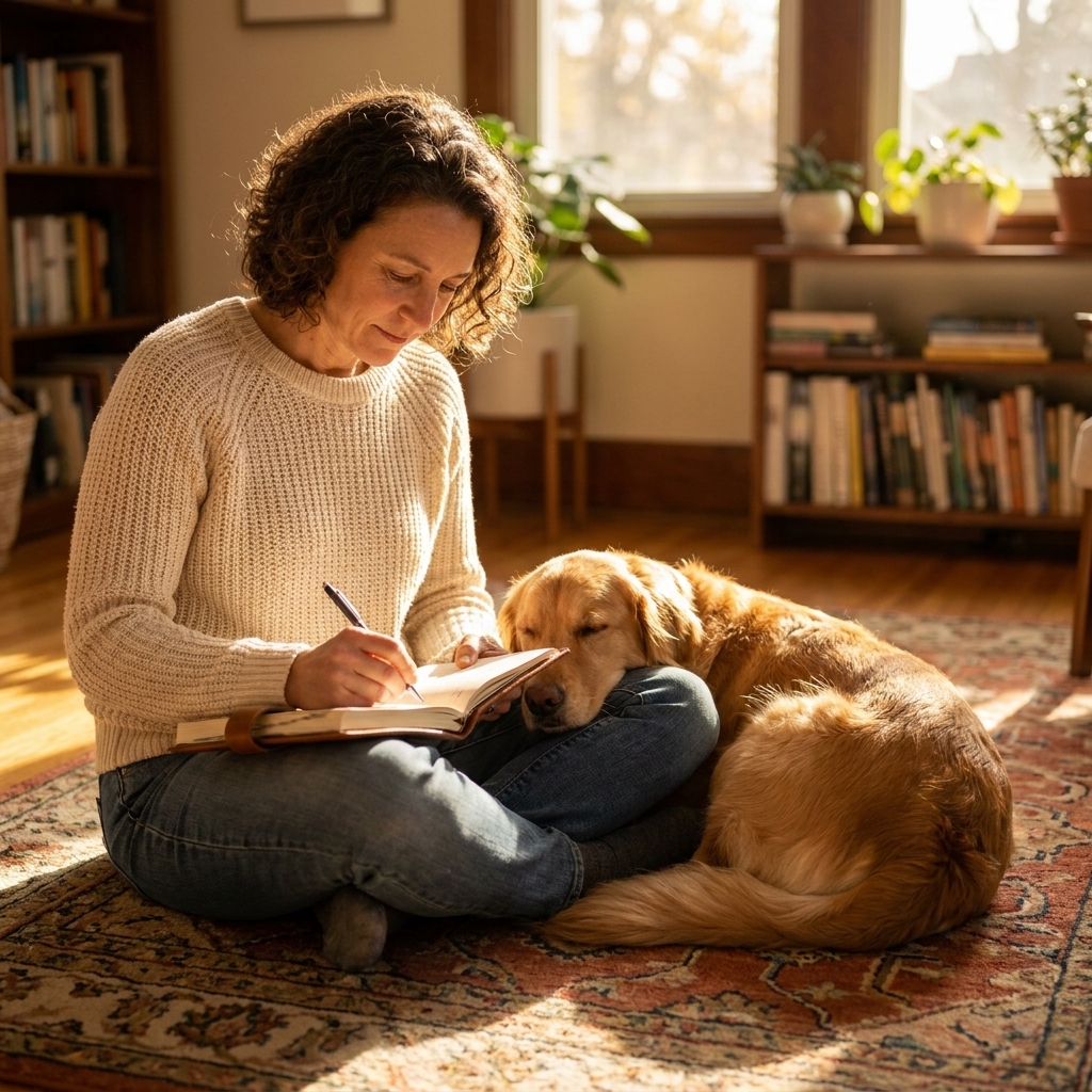 A golden retriever resting near a person writing in a journal on a living room rug in warm afternoon light