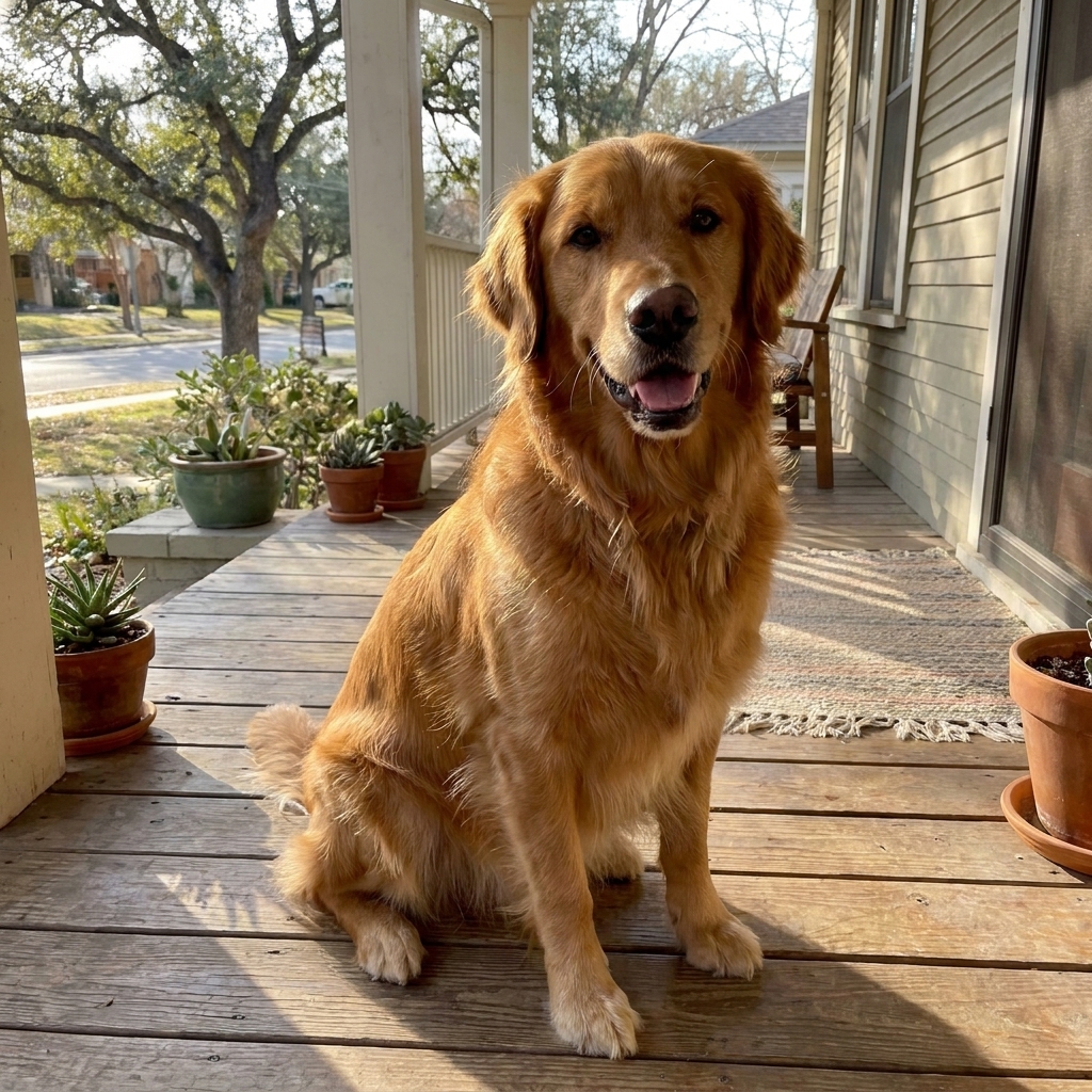 A golden retriever sitting on a sunny porch in Austin, Texas, looking relaxed and friendly