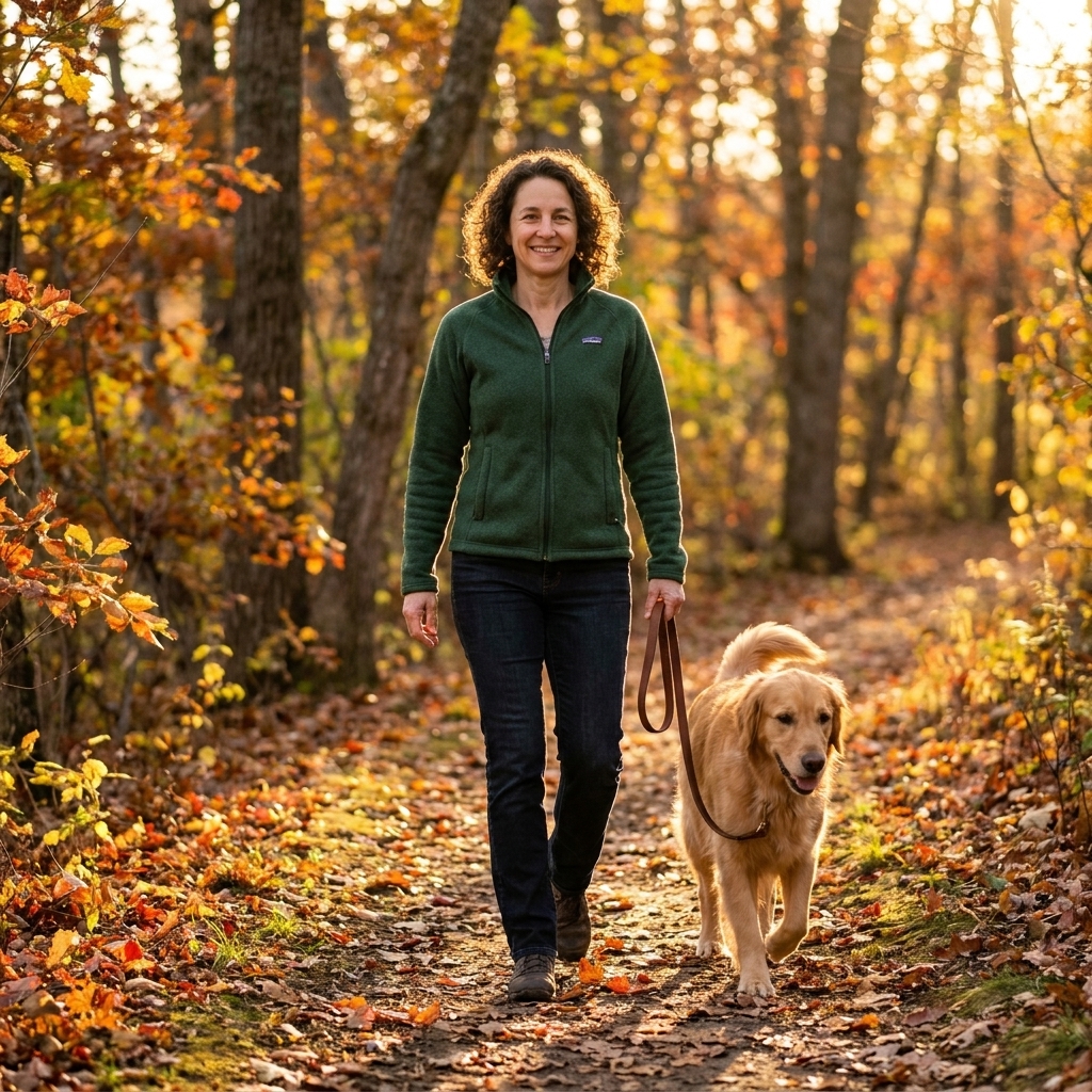 A golden retriever walking beside a person on a leafy nature trail during golden hour, relaxed and peaceful