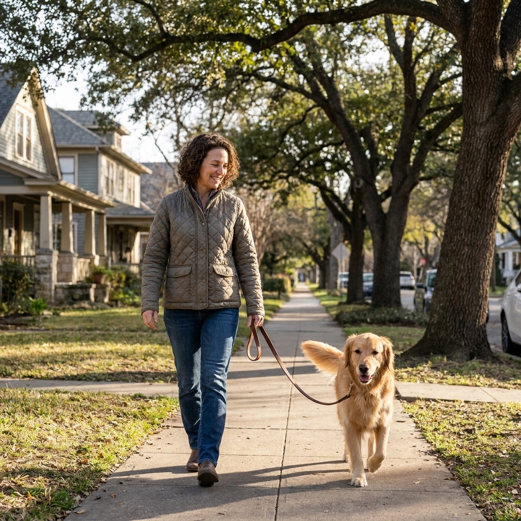 A golden retriever walking on a leash beside a person on a quiet neighborhood sidewalk with trees overhead
