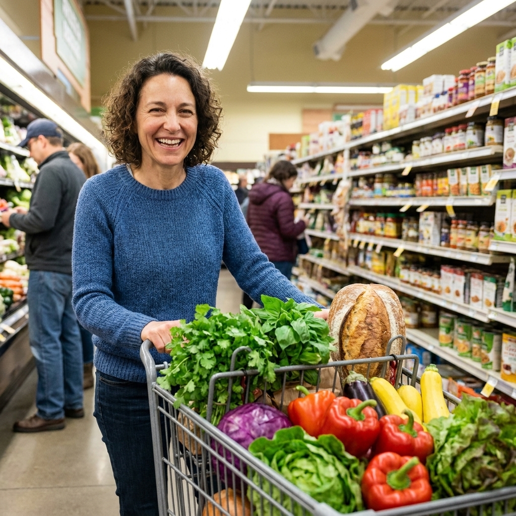 A grocery cart filled with colorful fresh produce, herbs, and a loaf of bread in a well-lit supermarket aisle.