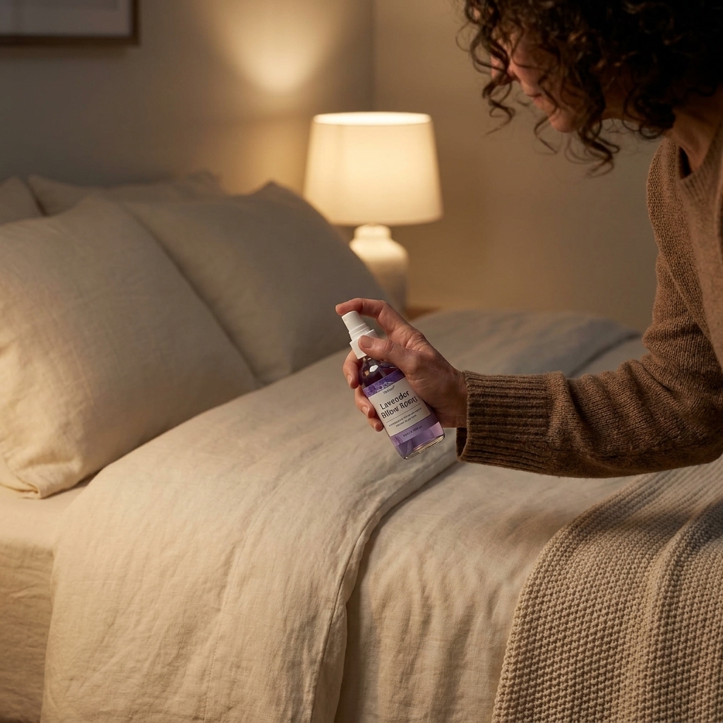 A hand holding a small lavender pillow spray bottle beside a neatly made bed in warm, dim light
