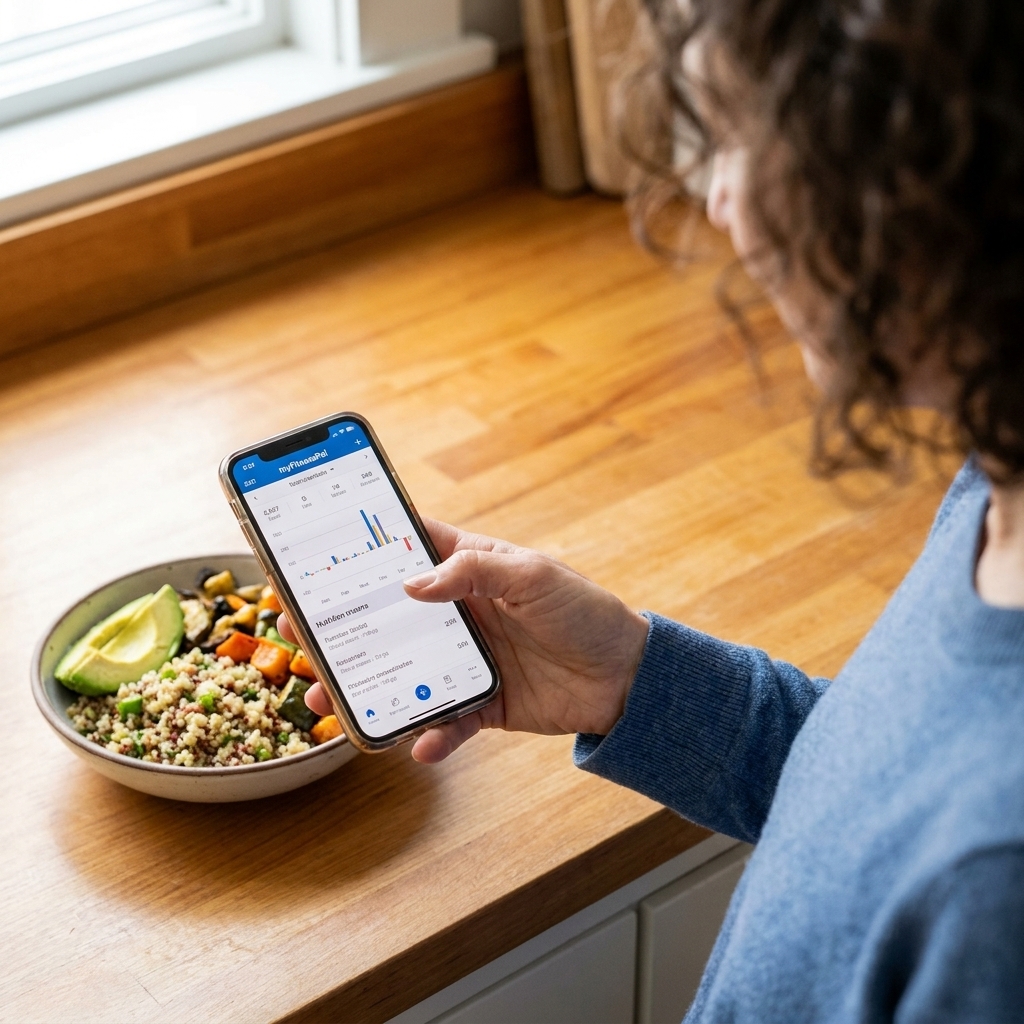 A hand holding a smartphone with a nutrition tracking app open on the screen while a bowl of food sits on a kitchen counter nearby
