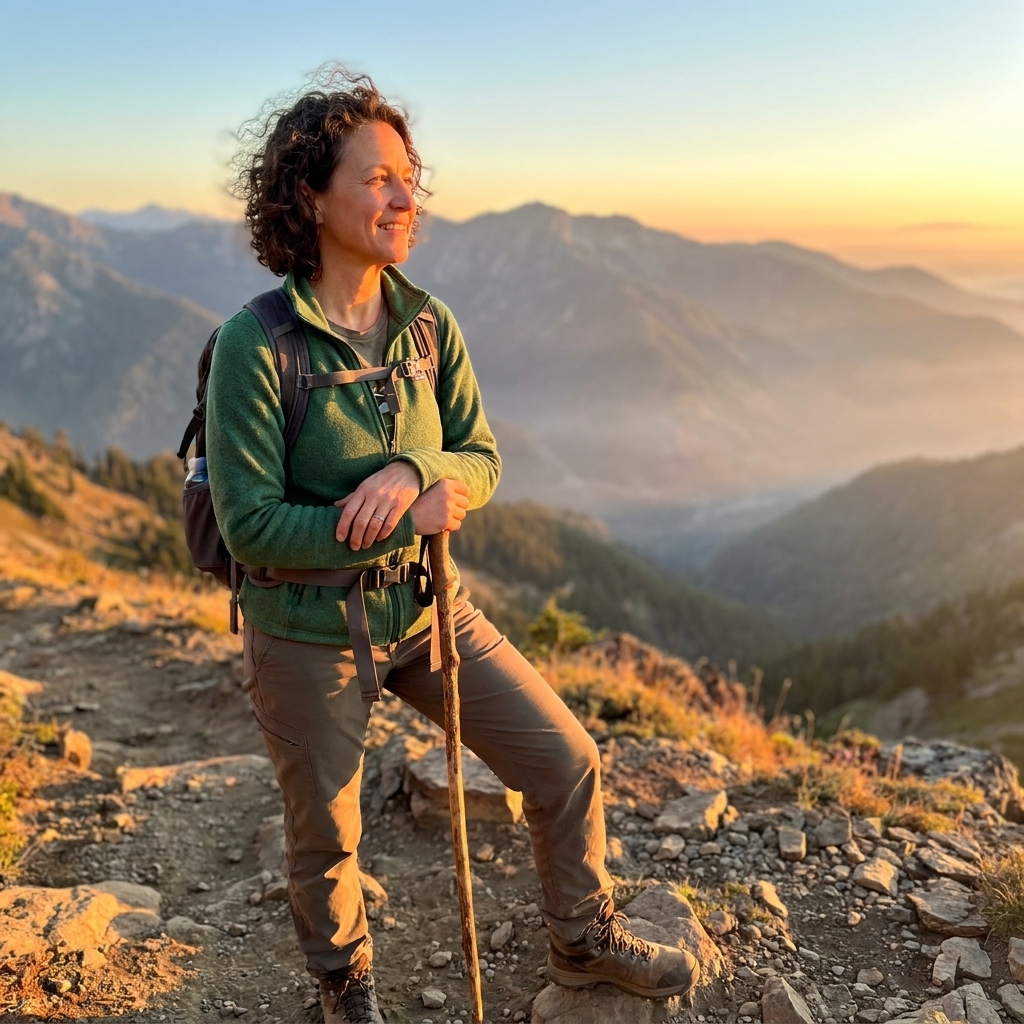 A hiker standing on a trail overlook at sunrise, taking a short pause to look out at the landscape with a relaxed posture