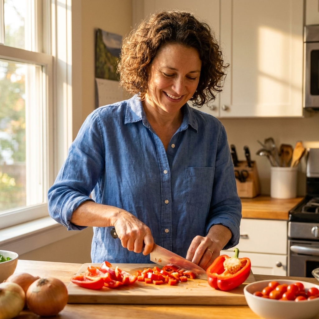 A home kitchen counter with a wooden cutting board, chopped vegetables, a chef’s knife, and hands preparing a simple meal in warm afternoon light