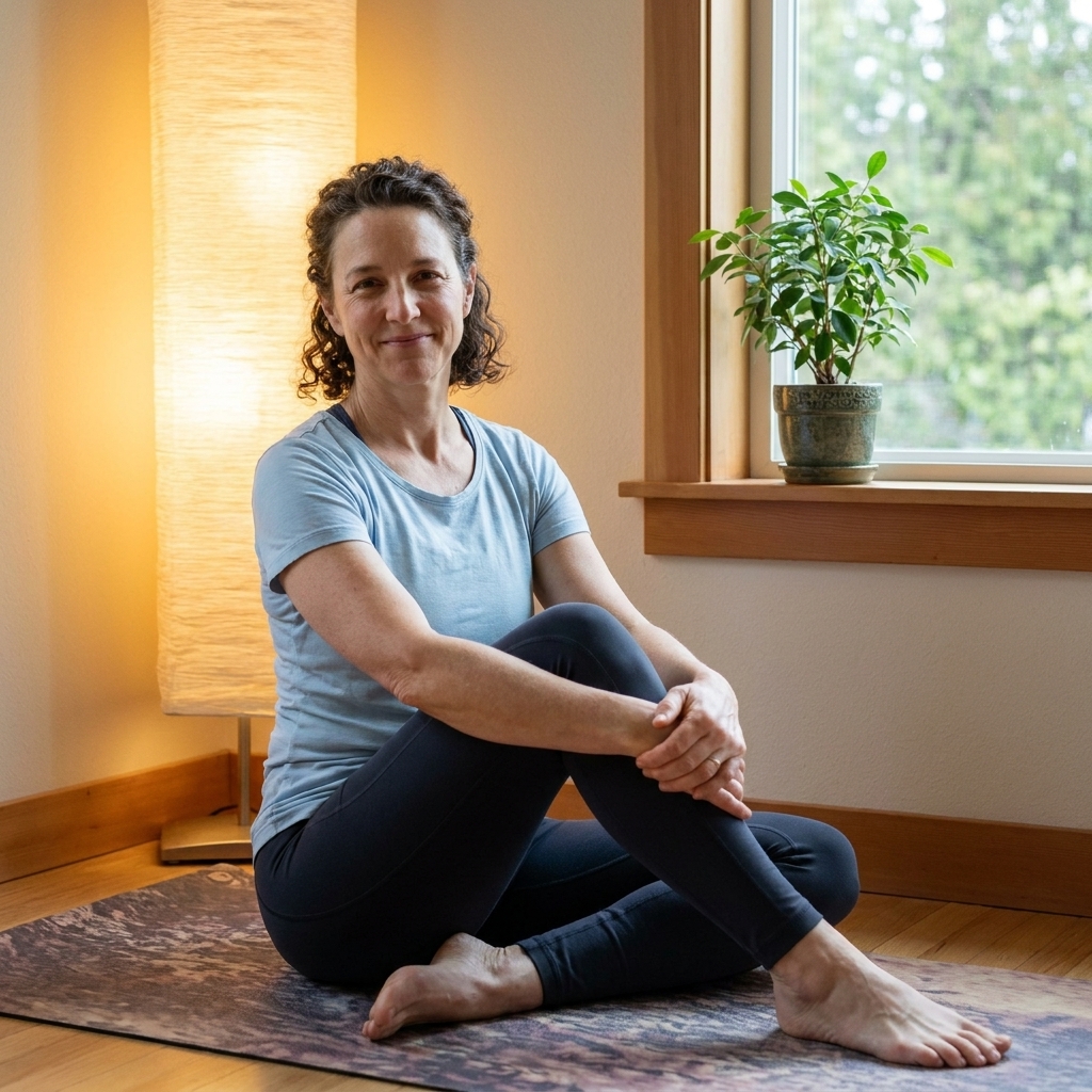 A home movement corner with a yoga mat on the floor, a warm glowing lamp beside it, and a small leafy plant near a window