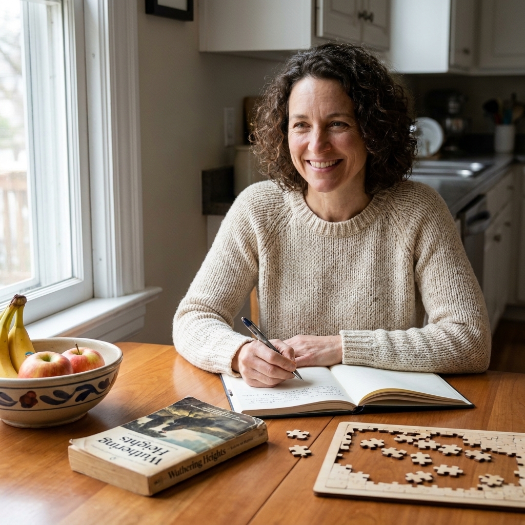 A kitchen table set up for a screen-free weekend with a paperback book, a journal, a pen, a small puzzle, and a bowl of fruit in natural window light