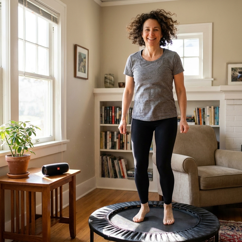 A mini trampoline in a home space with a small speaker on a nearby table and sunlight coming through a window