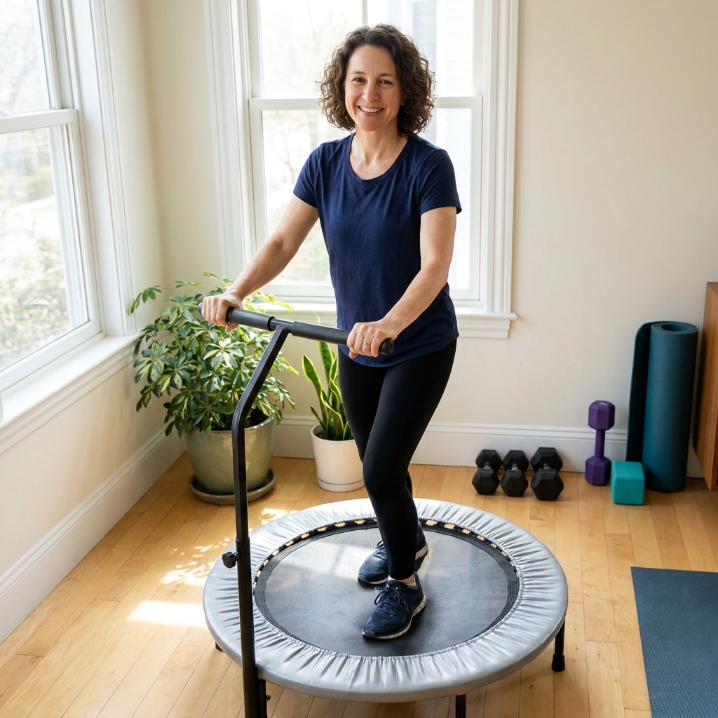 A mini trampoline with a handlebar set up on a smooth floor in a bright home workout corner