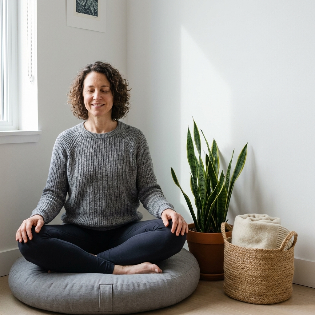 A minimalist apartment meditation corner with a snake plant beside a floor cushion and a small woven basket for storing a blanket