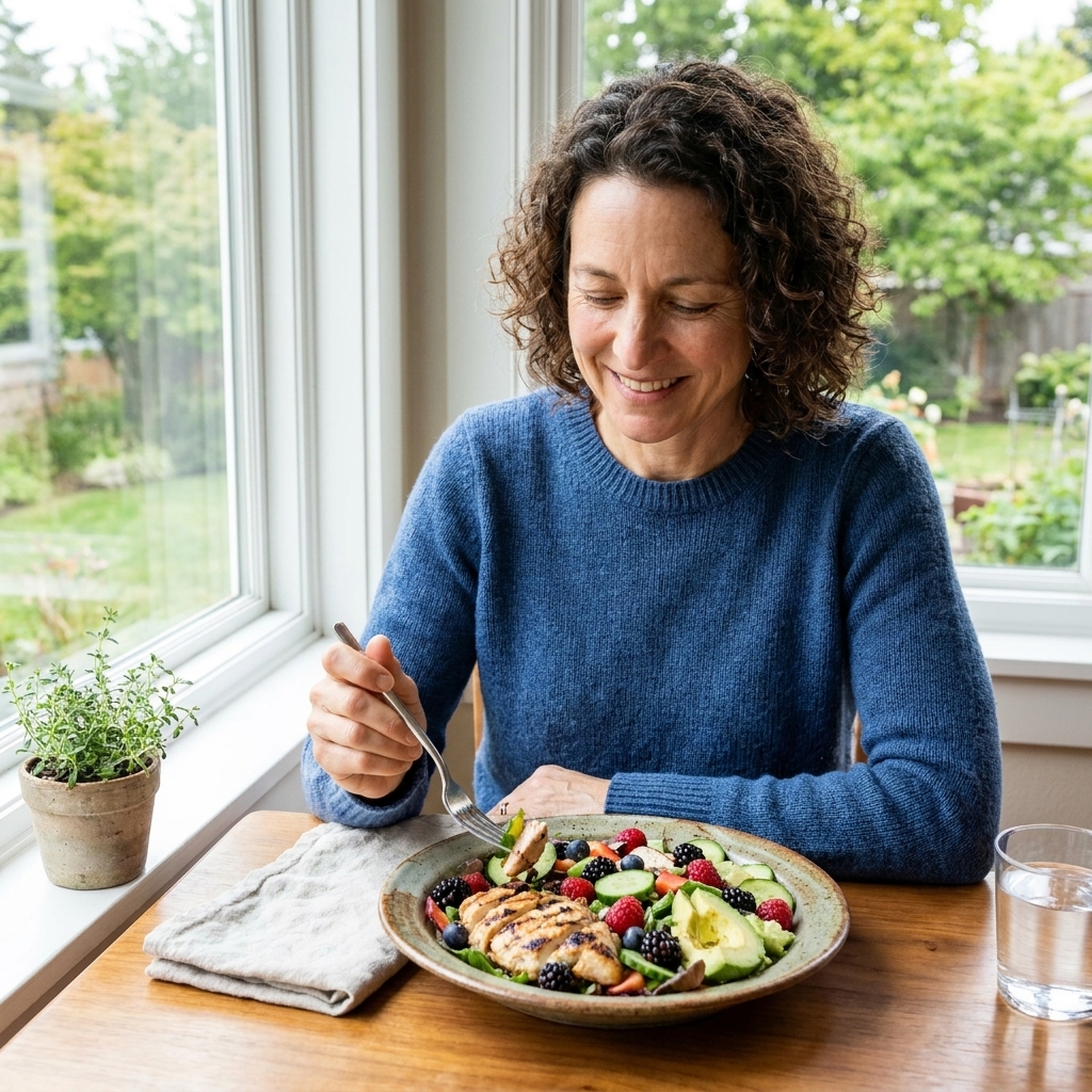 A neatly plated, colorful lunch on a ceramic plate near a window, showing an inviting, everyday mealtime setup