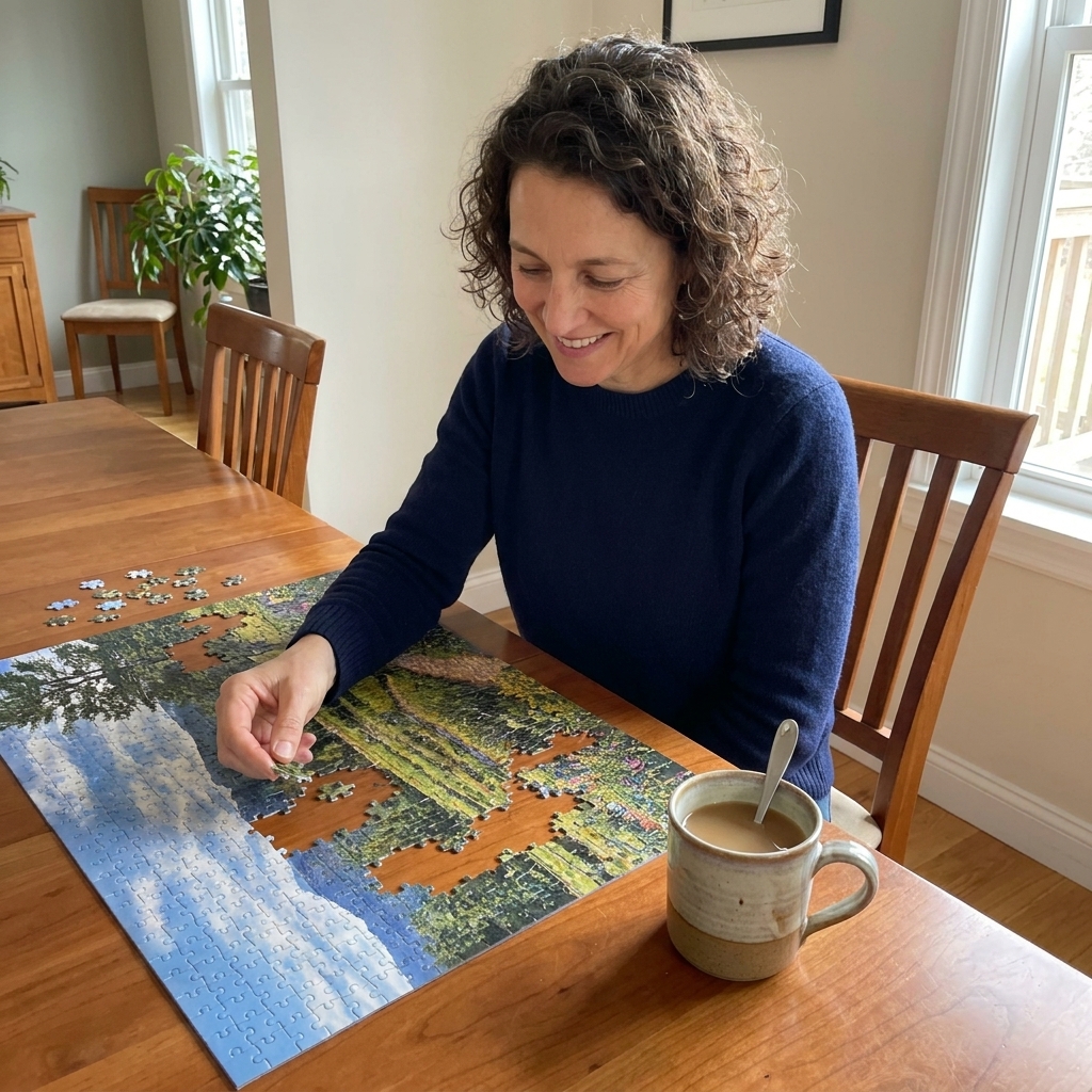 A partially completed jigsaw puzzle spread across a dining table with a mug nearby.
