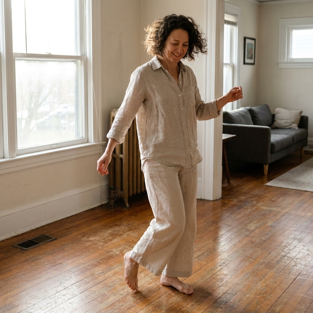 A person dances barefoot on a hardwood floor at home, mid-step with relaxed posture and natural window light