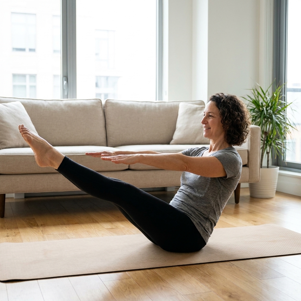A person doing a controlled mat Pilates abdominal exercise on a yoga mat in a bright apartment with neutral decor
