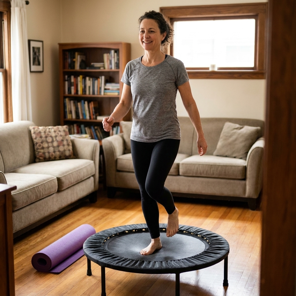 A person doing a gentle march on a mini trampoline in a living room with a yoga mat nearby